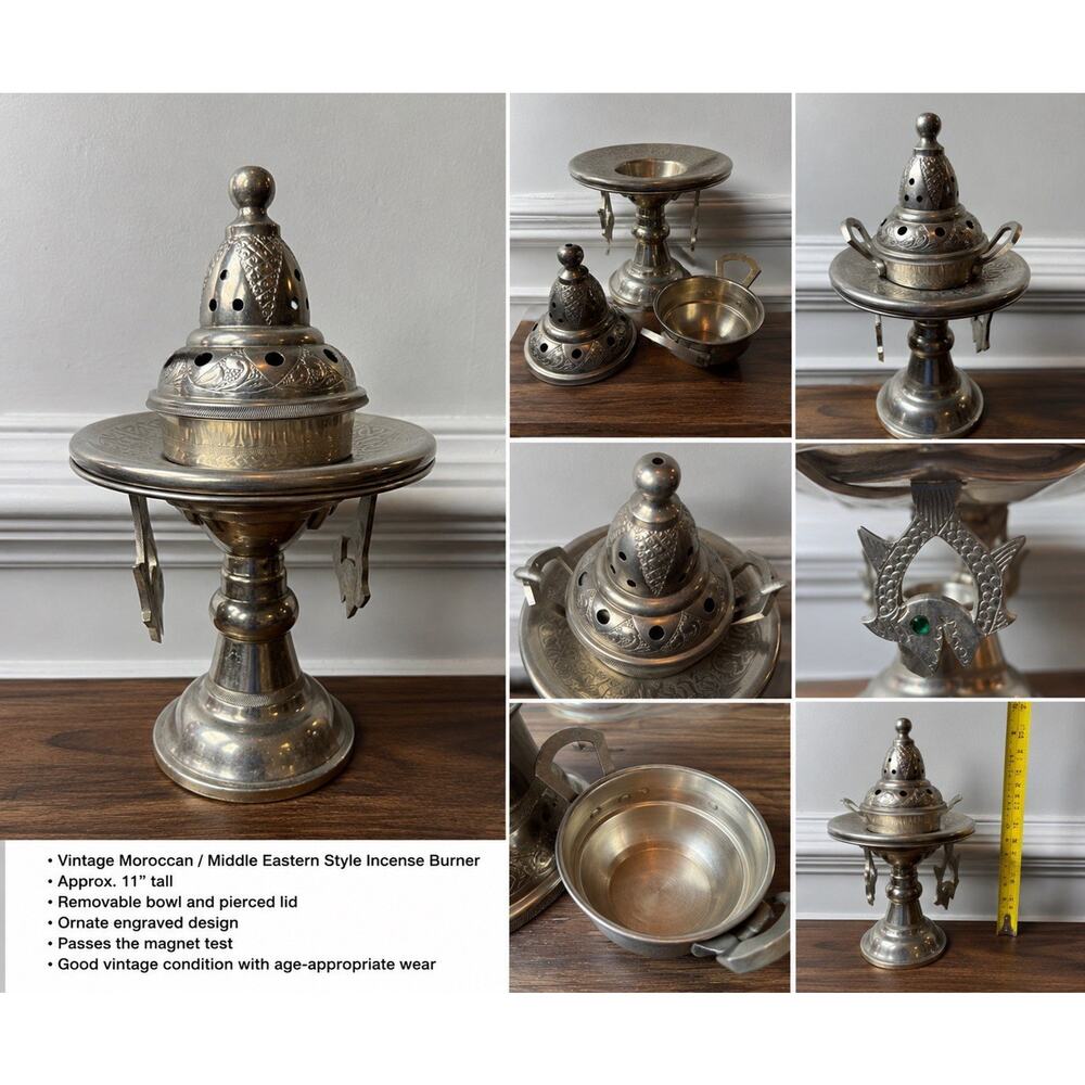 Vintage Moroccan Style Metal Incense Burner Stand 11” Pierced Lid - Picture 2 of 11